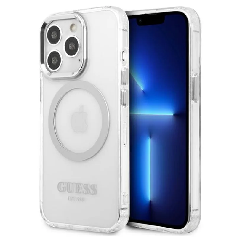 Puzdro Guess Metal Outline MagSafe pre iPhone 13 Pro / iPhone 13 - strieborné