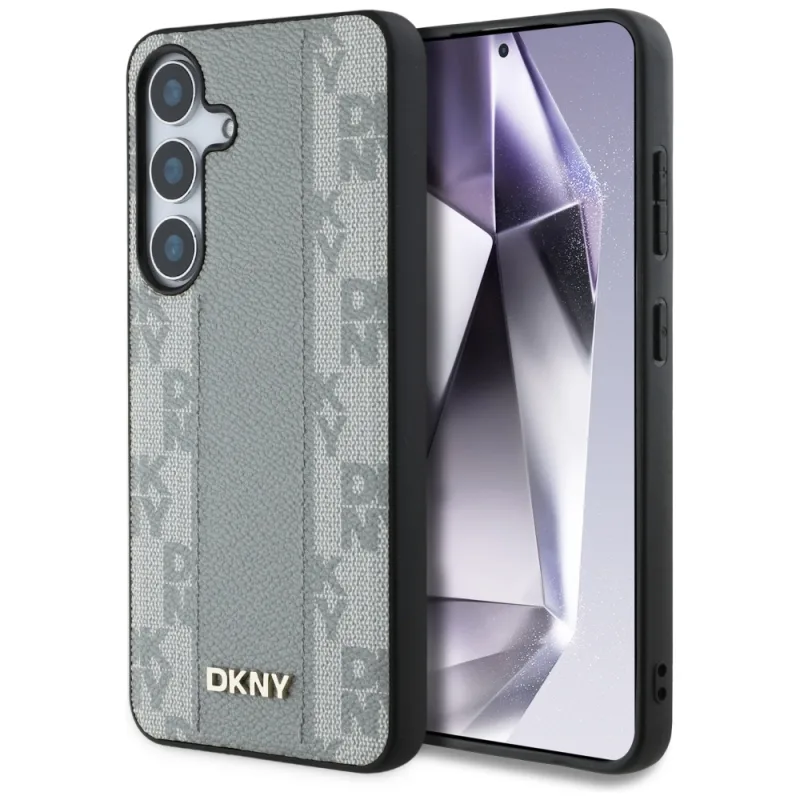 DKNY kožené puzdro MagSafe s kockovaným vzorom pre Samsung Galaxy S25 taupe
