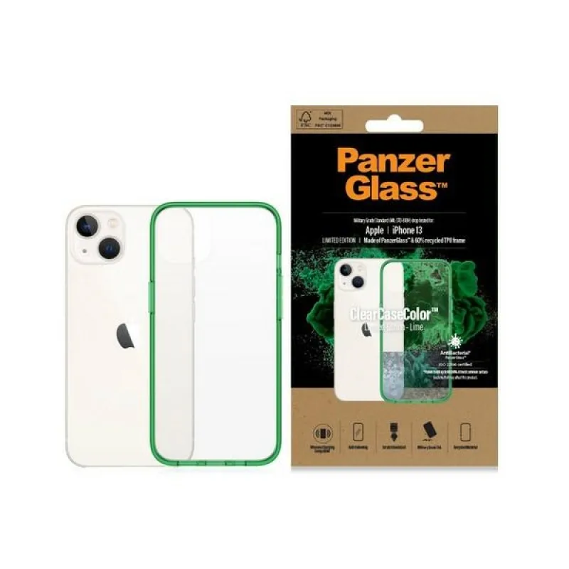 Antibakteriálne puzdro PanzerGlass ClearCase s certifikátom Military Grade pre iPhone 13 / 14 / 15 - priehľadné zelené