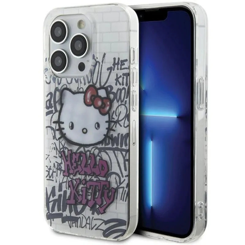 Obal Hello Kitty IML Kitty On Bricks Graffiti pre iPhone 14 Pro - biely