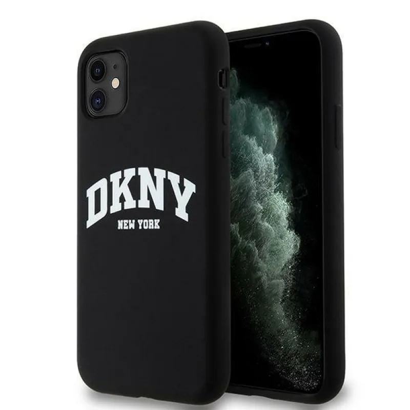Tekuté silikónové puzdro DKNY s bielym logom MagSafe pre iPhone 11/Xr - čierne
