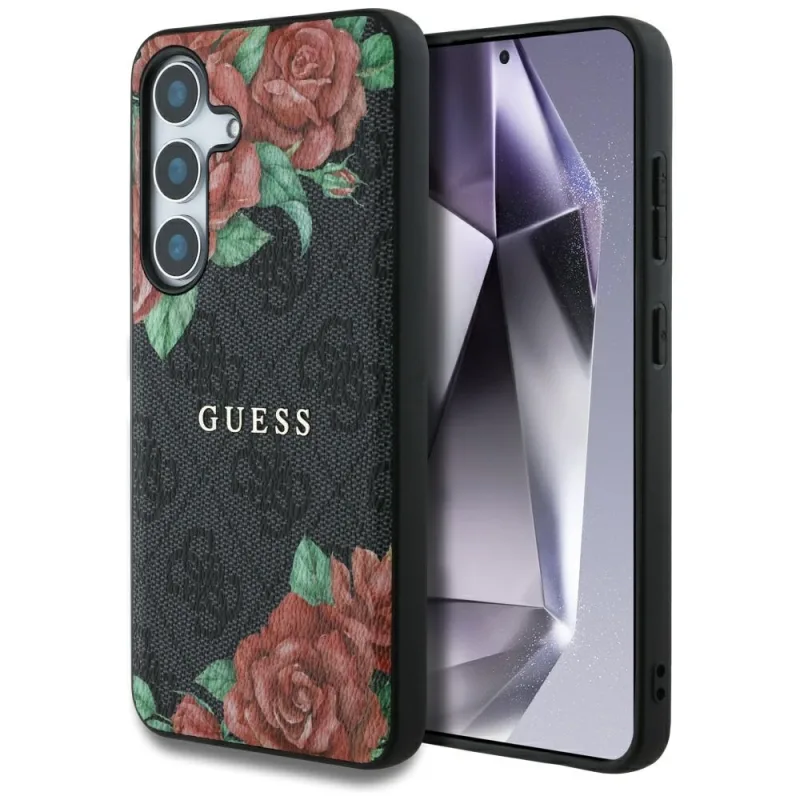 Guess Leather 4G Flowers Print Metal Classic Logo MagSafe Case pre Samsung Galaxy S25 – čierne