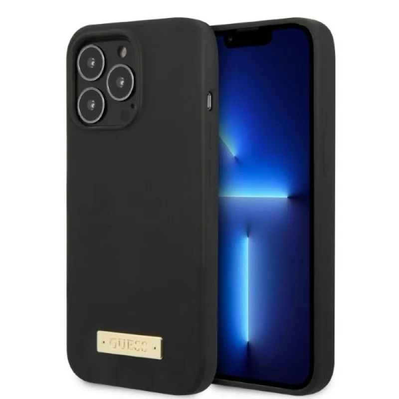Guess GUHMP13XSPLK iPhone 13 Pro Max 6,7" čierno-čierne pevné puzdro Silicone Logo Plate MagSafe