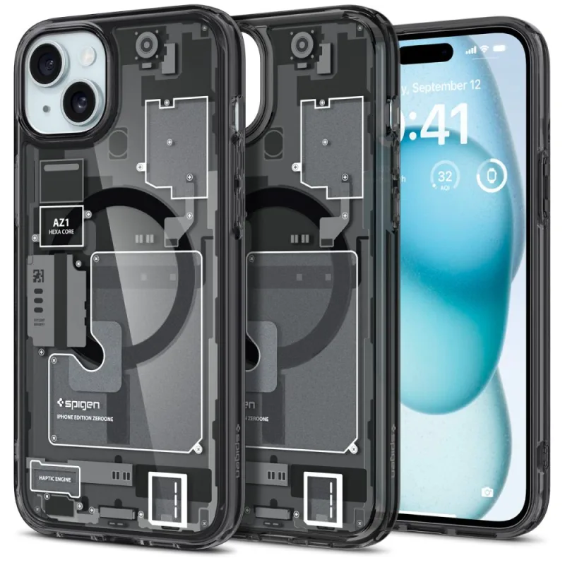 Puzdro Spigen Ultra Hybrid Mag Case s MagSafe pre iPhone 15 Plus – tmavosivé (Zero One Pattern)