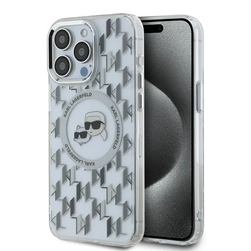 Karl Lagerfeld IML Monogram Karl & Choupette Head Puzdro MagSafe iPhone 15 Pro – priehľadné