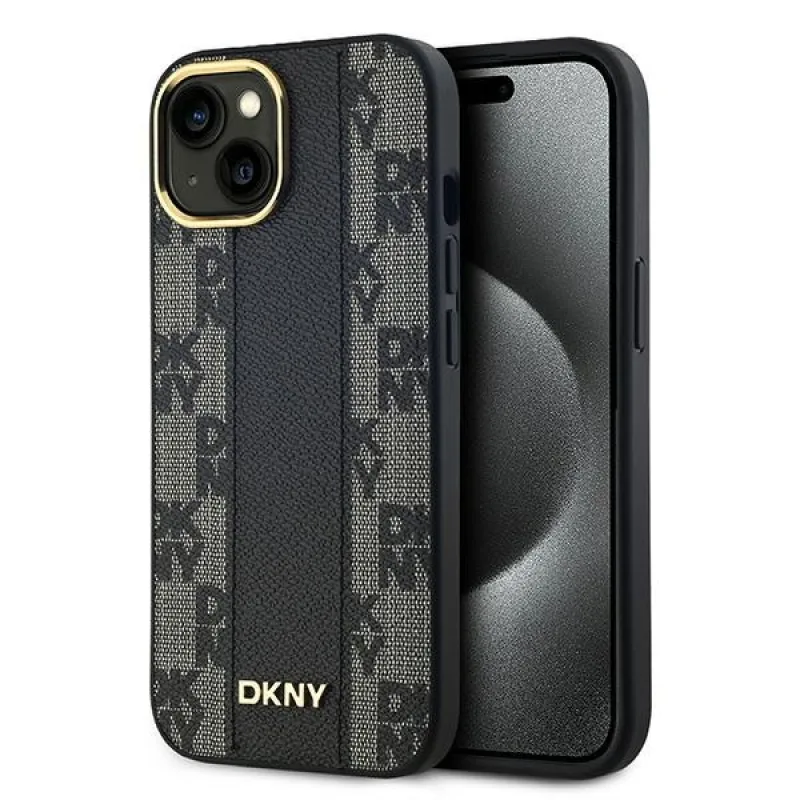 DKNY kožené kockované puzdro MagSafe s mono vzorom pre iPhone 14/15/13 – čierne