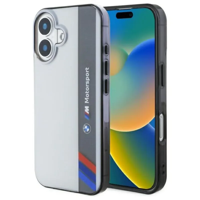 Puzdro BMW Motosport IML Vertical Stripe na iPhone 16 Plus – šedé