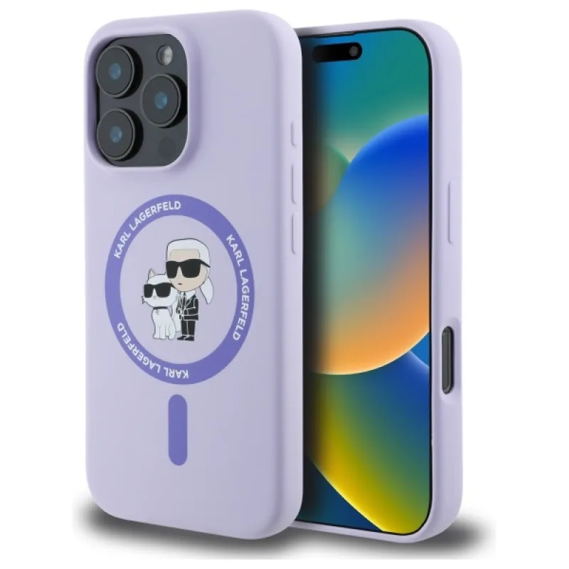Karl Lagerfeld silikónové puzdro Karl&Choupette Heads Ring MagSafe pre iPhone 16 Pro – fialové
