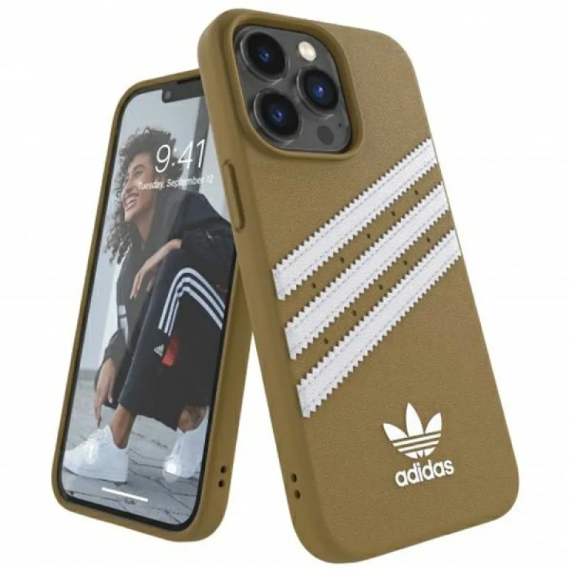 Puzdro Adidas OR Molded PU pre iPhone 13 Pro / iPhone 13 - béžové a zlaté