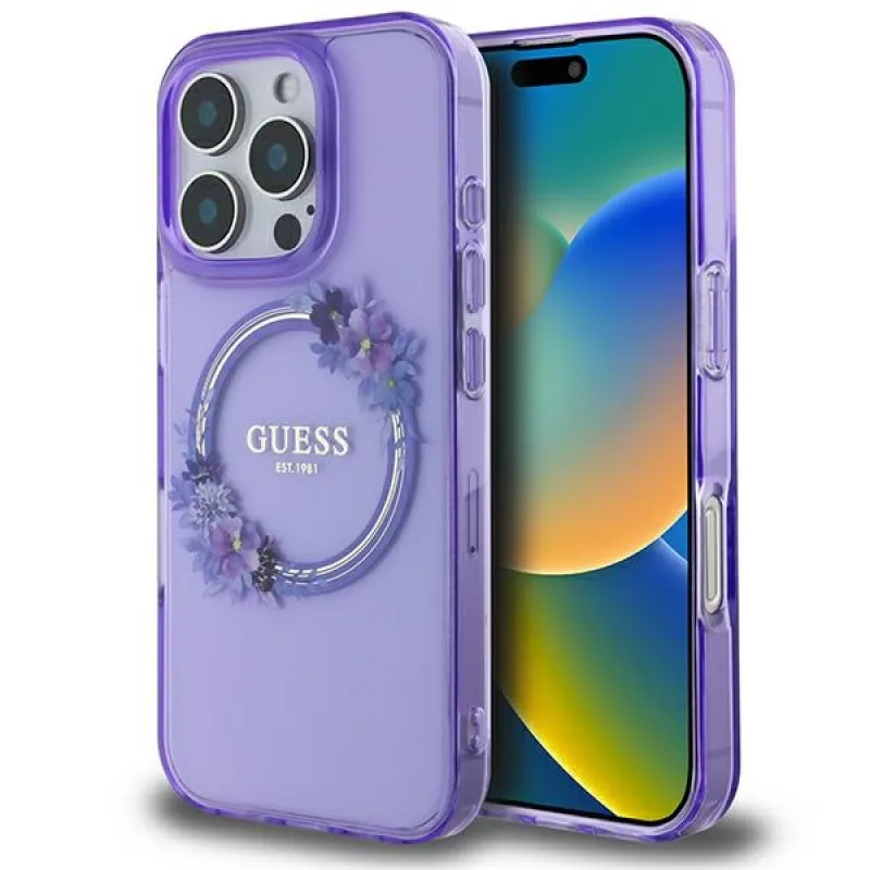 Puzdro Guess IML Flowers Wreath MagSafe na iPhone 16 Pro – fialové