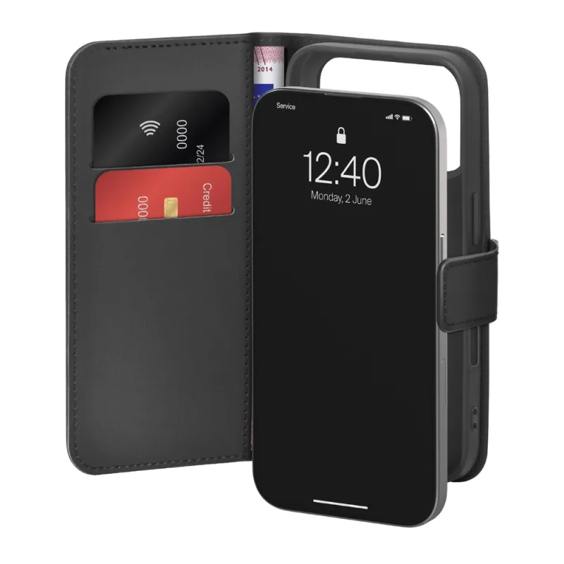 Puzdro Puro Wallet Stand Case pre iPhone 17 Pro Max vyrobené z ekokože, s funkciou chlopne, peňaženky a stojana – čierne