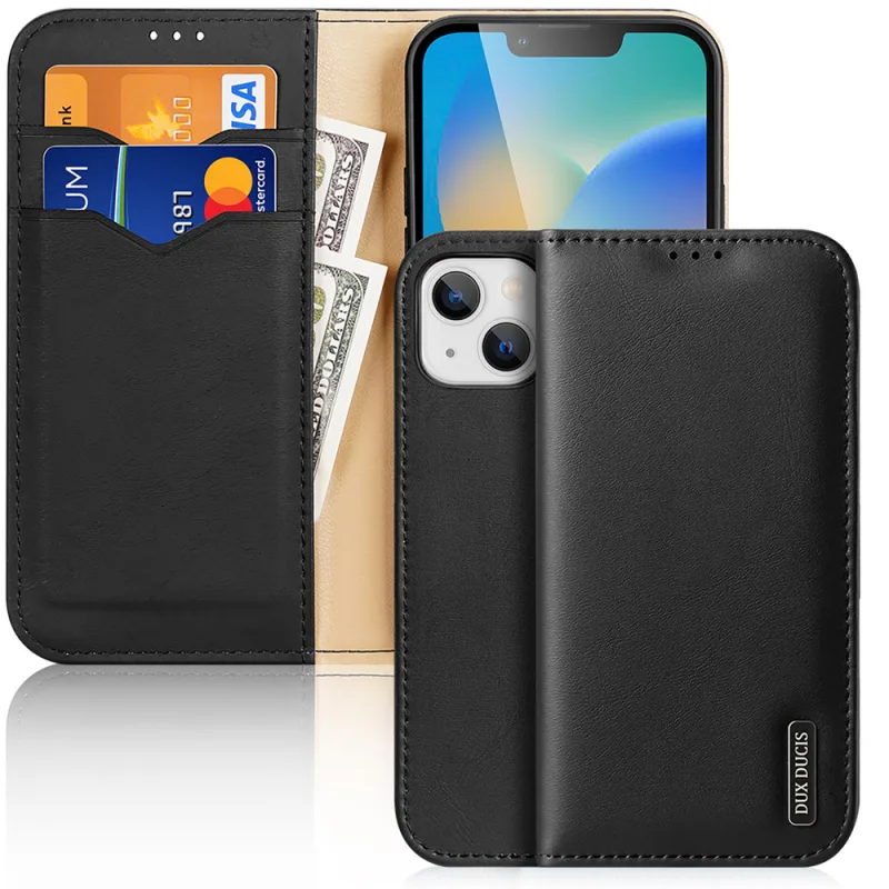Dux Ducis Hivo Leather Flip Cover Originálna kožená peňaženka na karty a dokumenty iPhone 14 Plus čierna