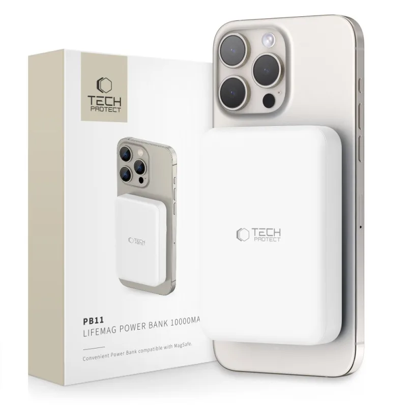 Powerbanka Tech-Protect LifeMag PB11 s portom MagSafe 10000mAh 15W USB-C – biely + kábel USB-C