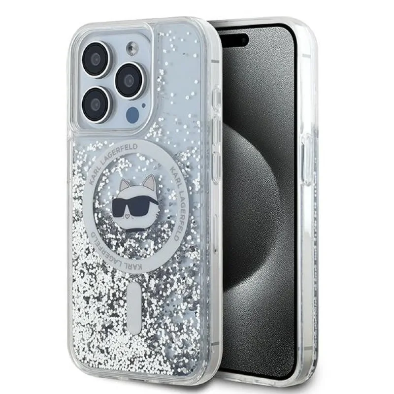 Karl Lagerfeld Liquid Glitter Choupette Head MagSafe puzdro pre iPhone 13 Pro / 13 - priehľadné