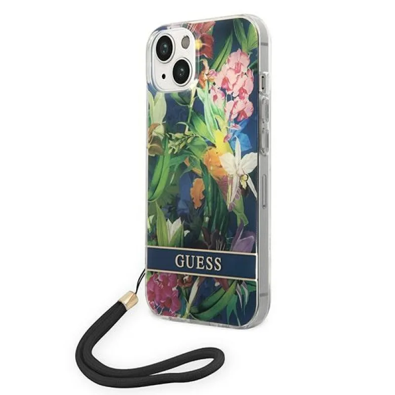 Guess GUOHCP14MHFLSB iPhone 14 Plus 6,7 "modro/modré pevné puzdro Flower Strap