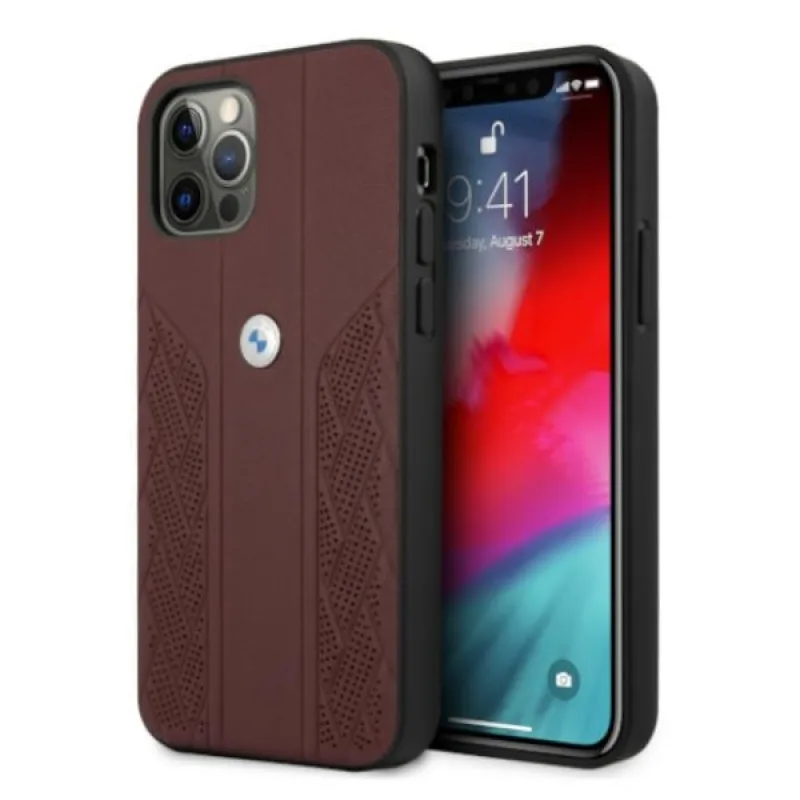 Kožené puzdro BMW Curve Perforate Case pre iPhone 12 / iPhone 12 Pro - červené