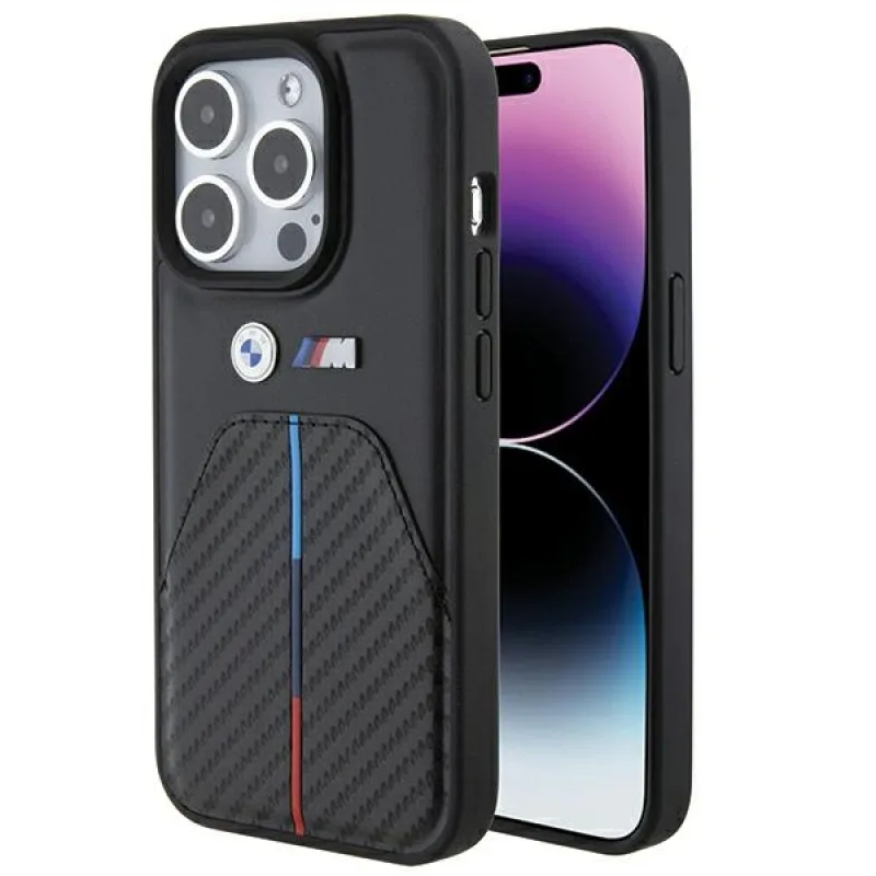 Puzdro BMW Stamped Tricolor Stripe na iPhone 15 Pro – čierne