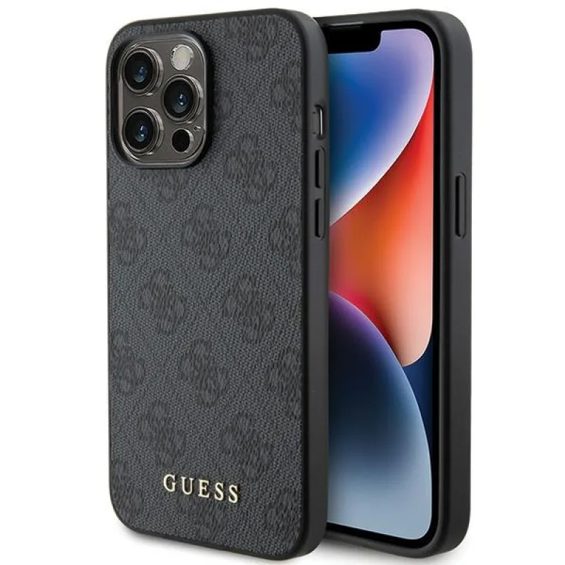 Puzdro Guess 4G Metal Gold Logo iPhone 15 Pro – šedé