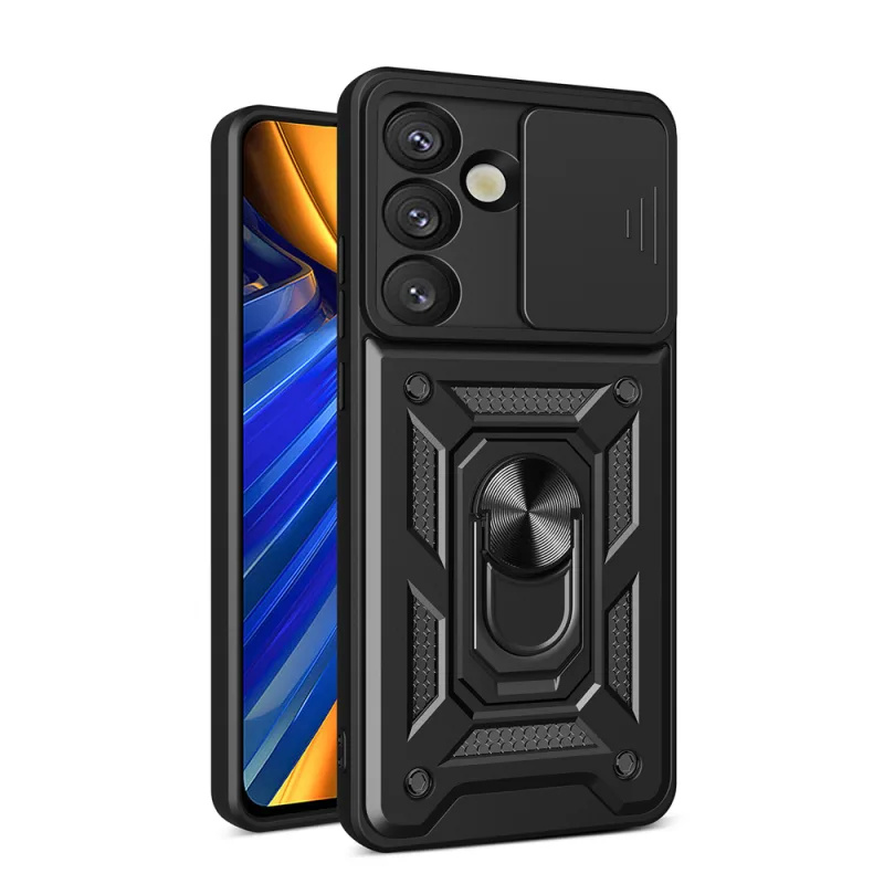 Kryt Hybrid Armor Camshield so stojanom a krytom fotoaparátu pre Realme P3 5G – čierny