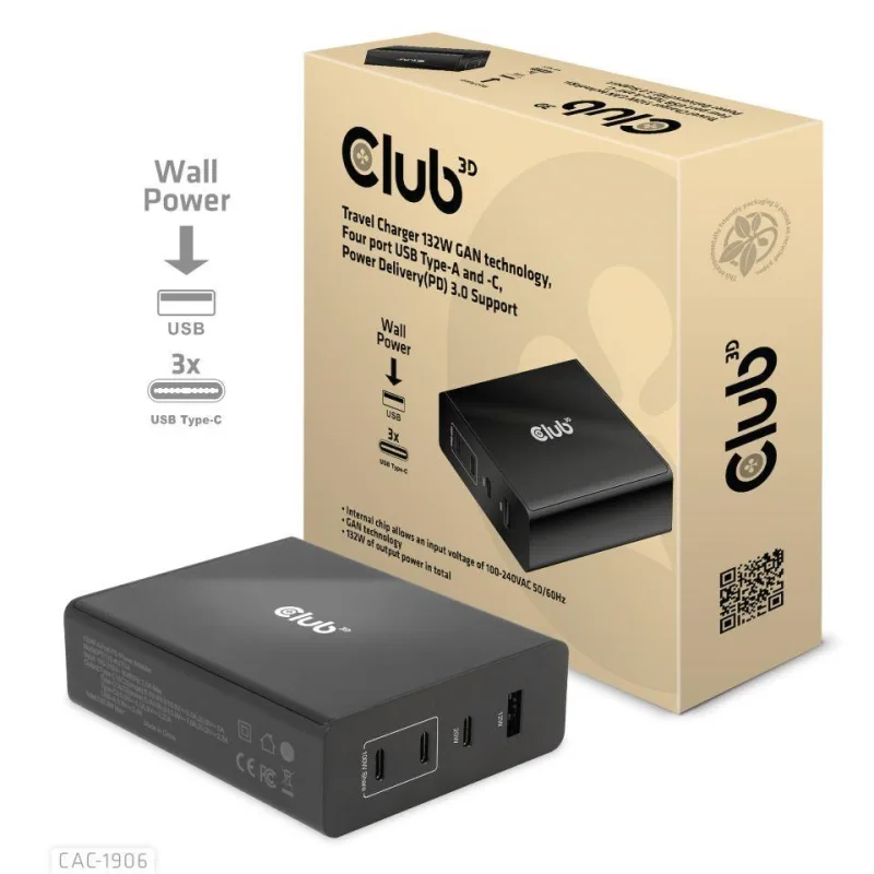 Cestovná nabíjačka Club3D 132W technológia GAN, 4xUSB-A a USB-C, PD 3.0…