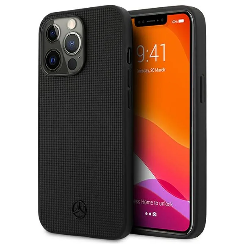 Kožené puzdro s kovovým logom Mercedes pre iPhone 13 Pro / iPhone 13 - čierne