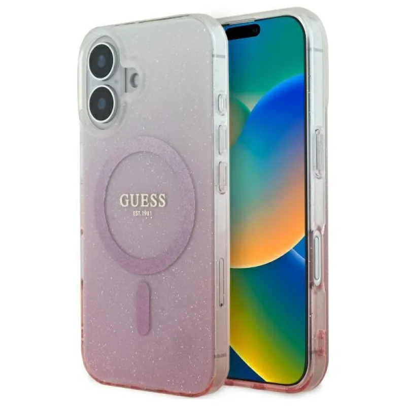 Puzdro Guess IML Glitter Gradient MagSafe na iPhone 16 – ružové