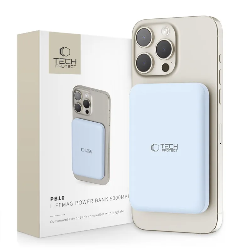 Powerbanka Tech-Protect LifeMag PB10 s portom MagSafe 5000mAh 15W USB-C – modrý + kábel USB-C