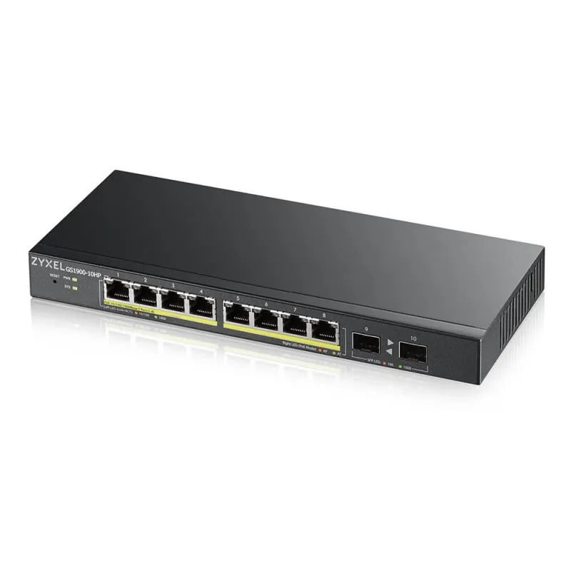 Zyxel GS1900-10HP v2, 8-port GbE L2 PoE Smart Switch + 2 SFP slots, 802.3at, desktop, fanless, 70 Watt