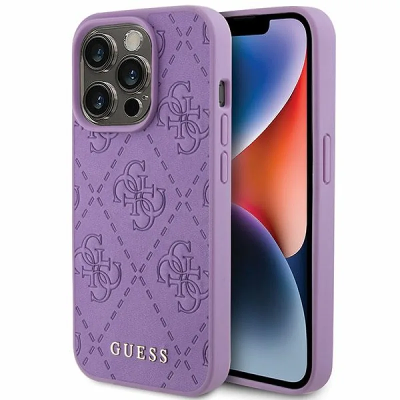 Guess Leather 4G Stamped puzdro pre iPhone 15 Pro - fialové