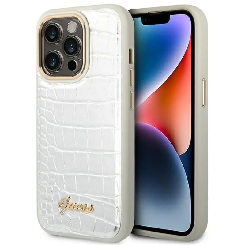 Puzdro Guess Croco Collection pre iPhone 14 Pro 6,1" - strieborné
