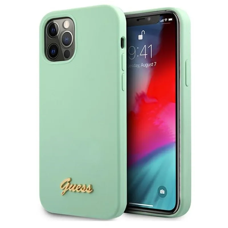 Puzdro Guess Metal Logo Script pre iPhone 12 Pro Max 6,7" – zelené