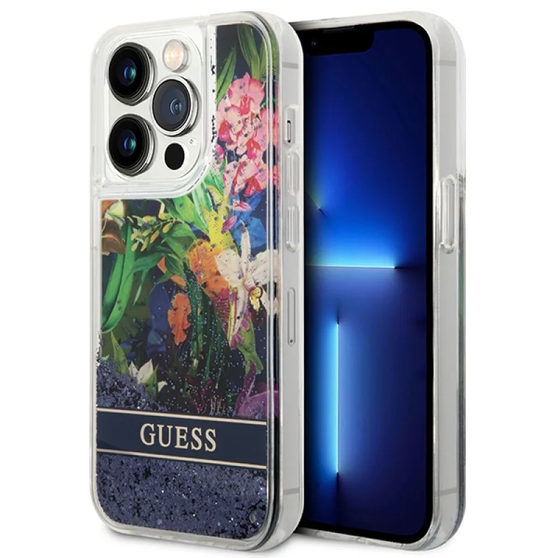 Guess GUHCP14LLFLSB iPhone 14 Pro 6,1" modro/modré pevné puzdro Flower Liquid Glitter