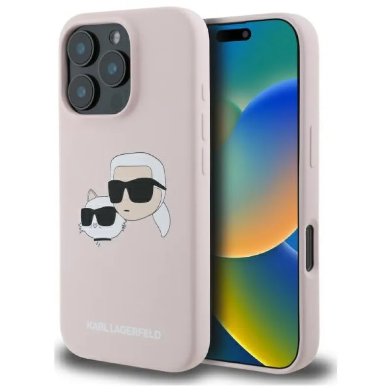 Karl Lagerfeld Silicone Nauble Heads Print MagSafe Case pre iPhone 16 Pro – ružové