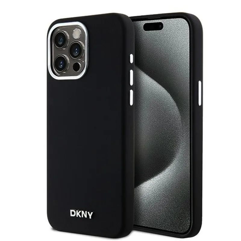 DKNY tekutý silikónový obal s malým kovovým logom MagSafe pre iPhone 15 Pro Max – čierny