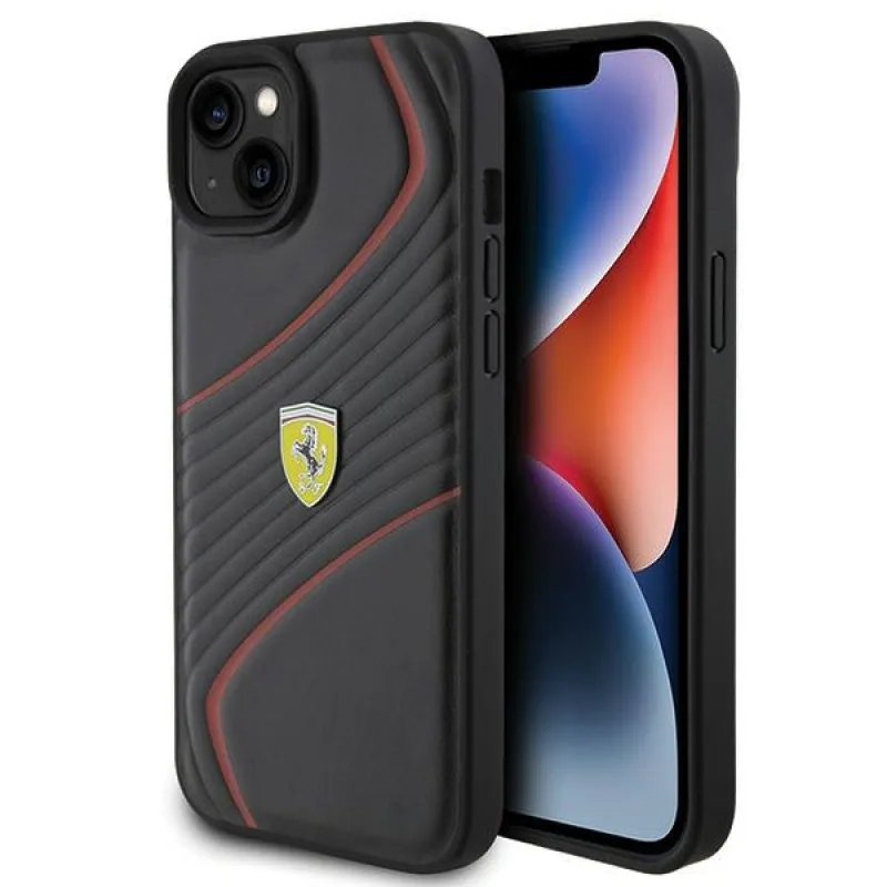 Kryt Ferrari Twist Metal Logo pre iPhone 15 Plus - čierny