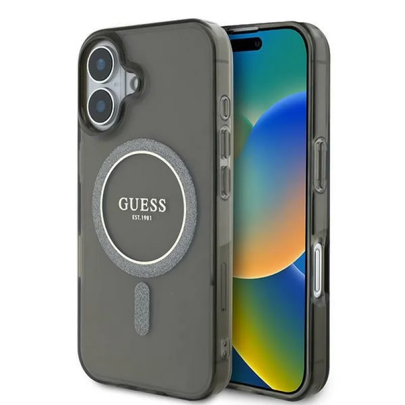 Puzdro Guess IML Glitter Circle MagSafe pre iPhone 16 - čierne