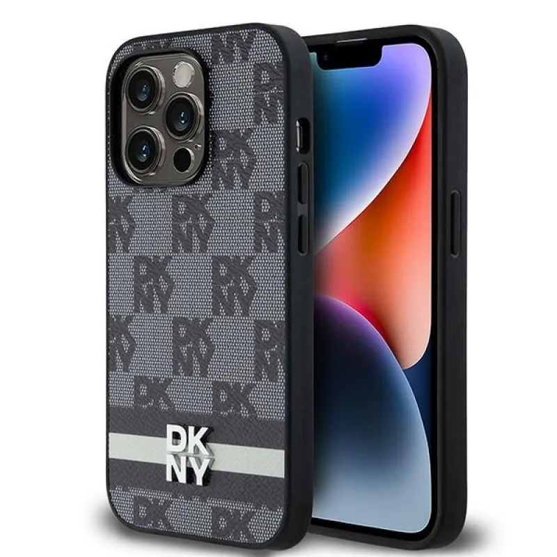 Kožený kockovaný mono vzor DKNY a tlačené prúžky na iPhone 14 Pro – čierny