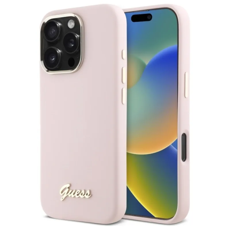 Kovové logo a rám Guess Silicone Script na iPhone 16 Pro – ružové
