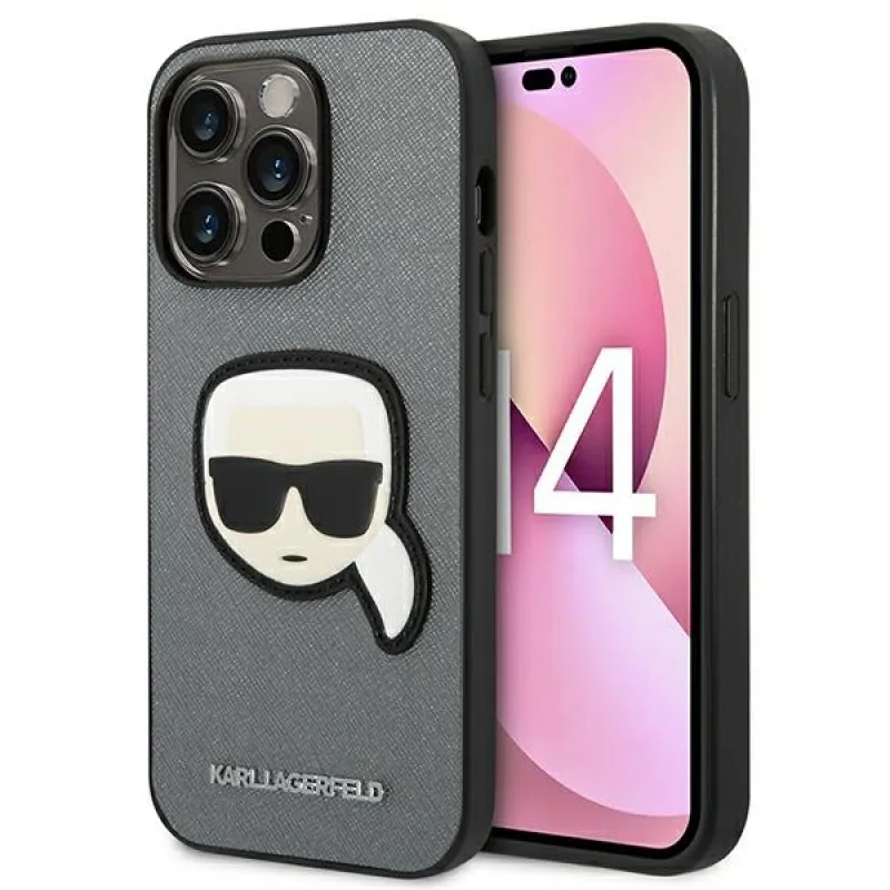 Karl Lagerfeld Saffiano Karl's Head Patch Case pre iPhone 14 Pro – strieborné