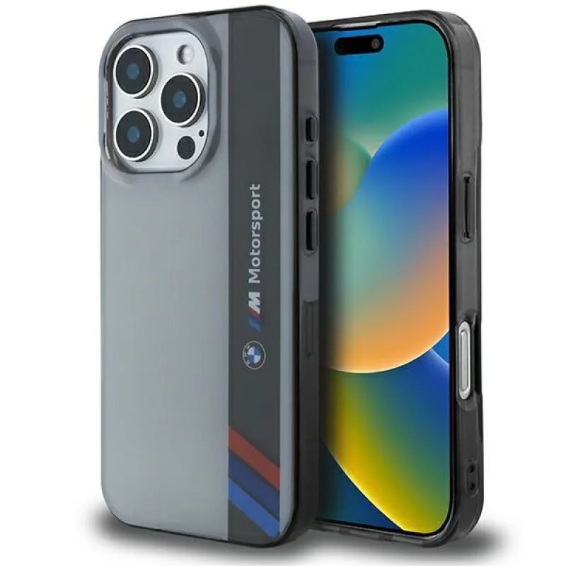 Puzdro BMW Motosport IML Vertical Stripe na iPhone 16 Pro – šedé