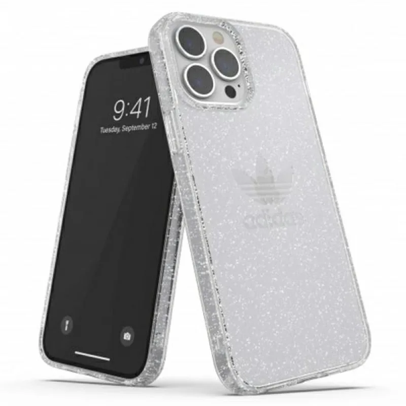 Ochranné priehľadné puzdro Adidas OR Glitter pre iPhone 13 Pro Max – priehľadné strieborné