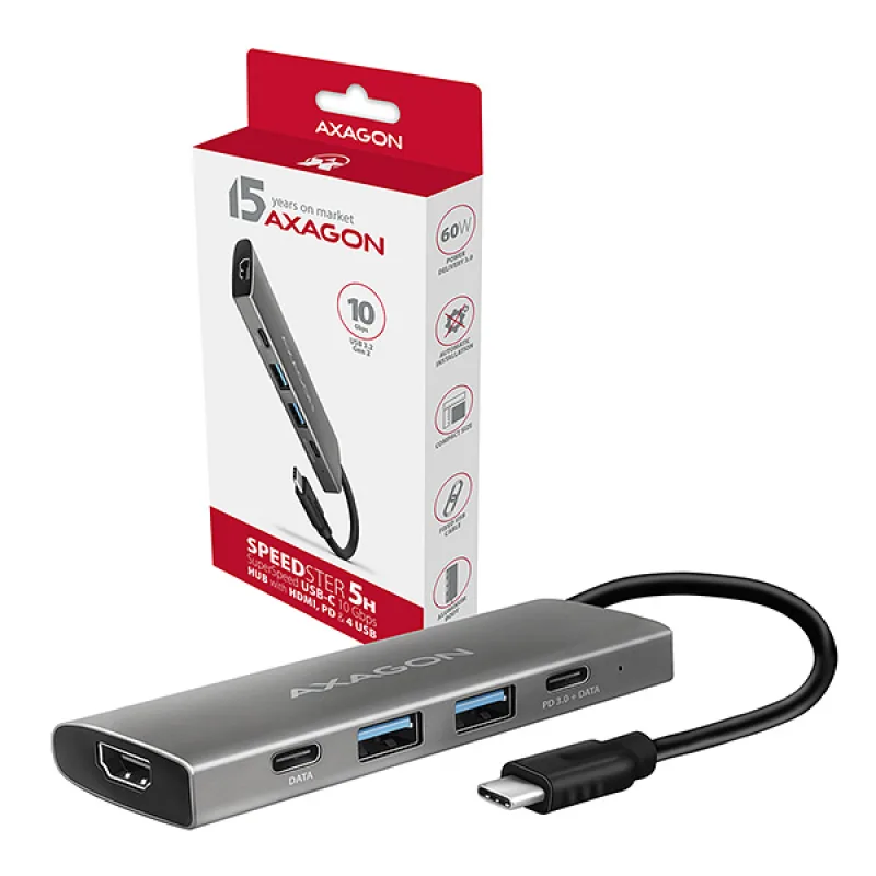 AXAGON HMC-5G2, USB 10Gbps hub, porty 2x USB-A, 2x USB-C, HDMI 4k/ 60, PD…
