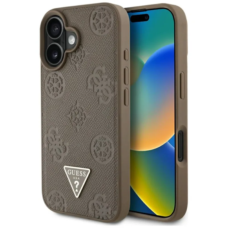 Guess Grained Hot Stamp Pivoňka s logom trojuholníka Puzdro MagSafe iPhone 16 – hnedé