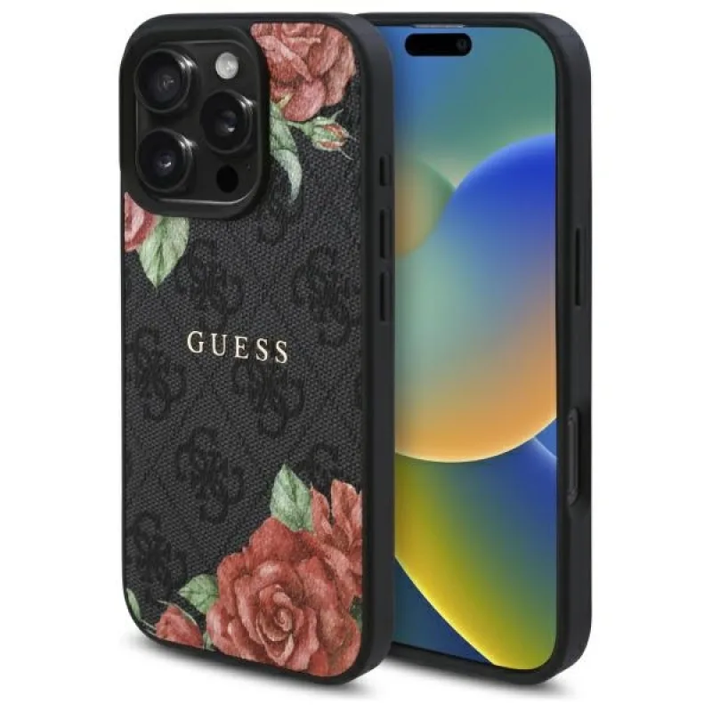 Guess GUHMP16LP4ROPEMCK iPhone 16 Pro 6,3" čierno/čierne pevné puzdro 4G Flowers Print MagSafe