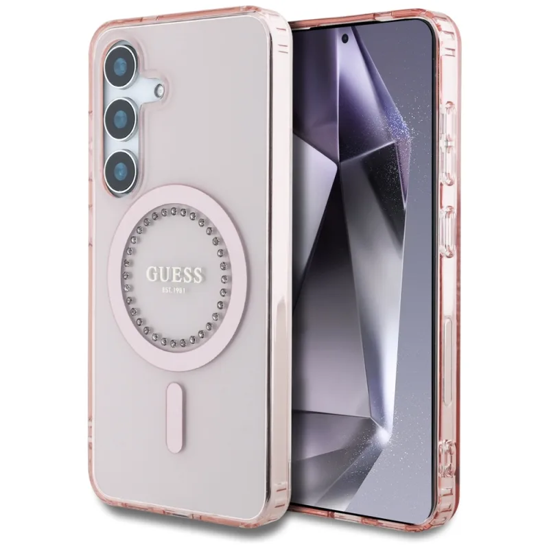 Guess Rhinestones vytlačené klasické logo MagSafe Samsung Galaxy S25 puzdro ružové