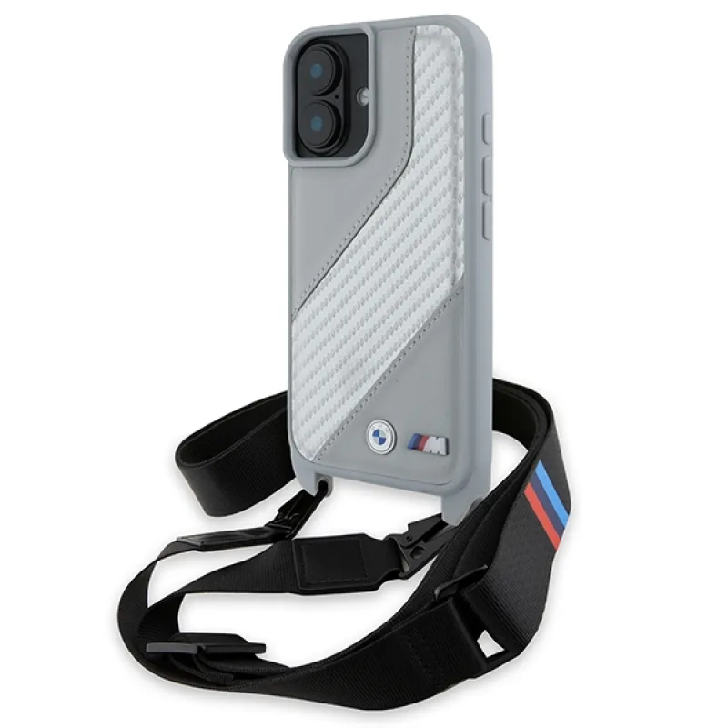 BMW M Edition Carbon Stripe & Strap Puzdro na iPhone 16 – šedé