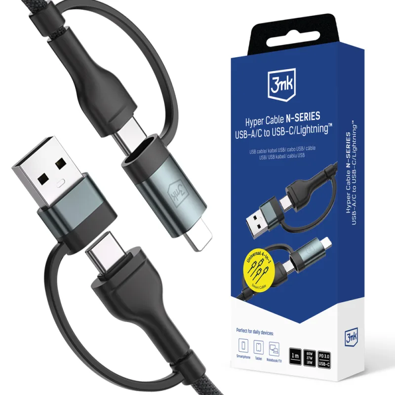 3mk Hyper kábel N-SERIES 2v2 USB-A / USB-C a USB-C / Lightning 1,2 m QC 3.0 9V/2A 60W - čierny