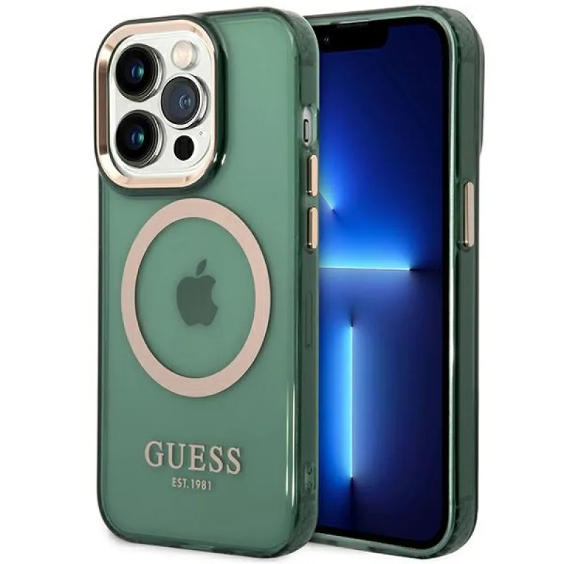Guess GUHMP14LHTCMA iPhone 14 Pro 6,1" zelený/khaki pevný obal Gold Outline Translucent MagSafe