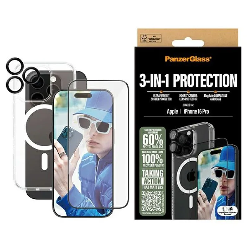 PanzerGlass Bundle 3v1 iPhone 16 Pro 6,3" D3O pevné puzdro + ochrana obrazovky UWF+ Lens B1292+2862+1284