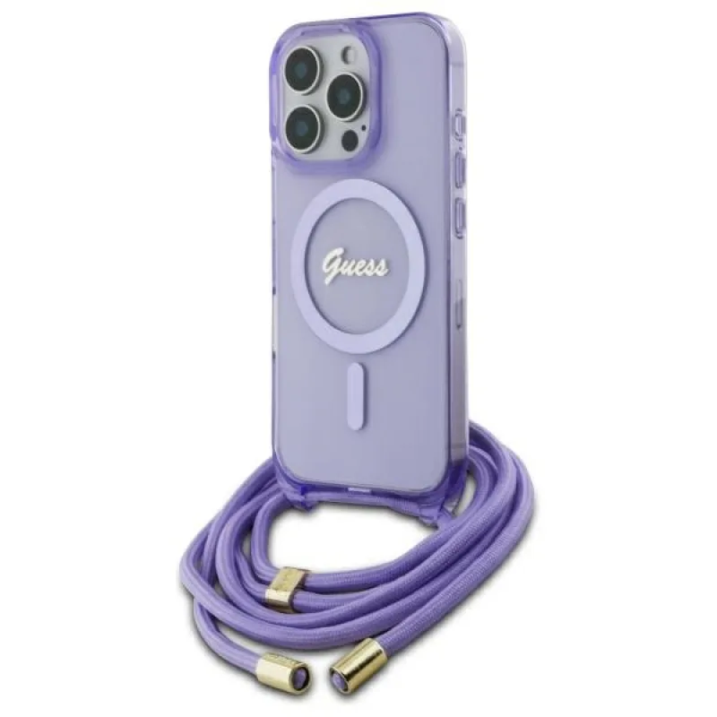 Puzdro Guess Crossbody Cord Script MagSafe pre iPhone 16 Pro – fialové
